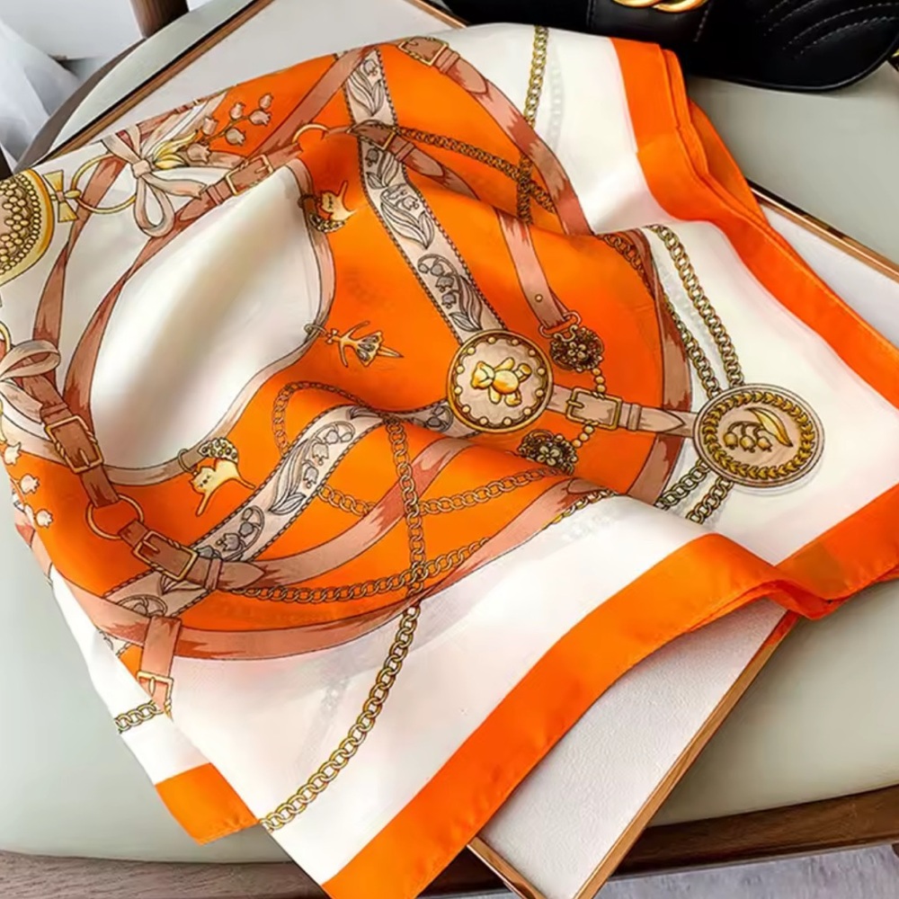 Vibrant Orange and White Scarf with Chain Design